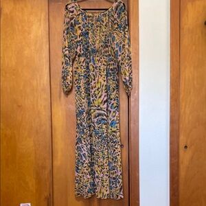 Boho Leopard Print Maxi Dress Sheer Lined Animal Fairy Flowy Caftan Long Artist